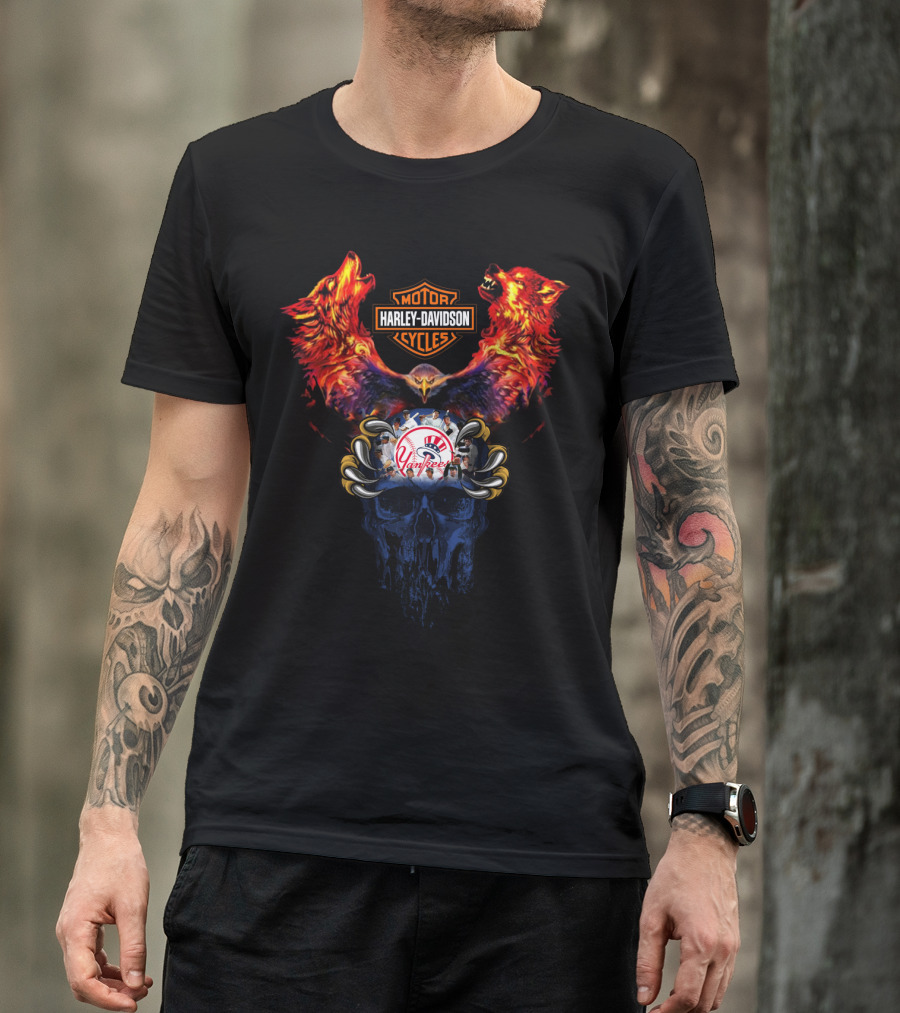 Harley Davidson Motorcycles Ny Yankees Mlb Wolf Skull T-Shirt