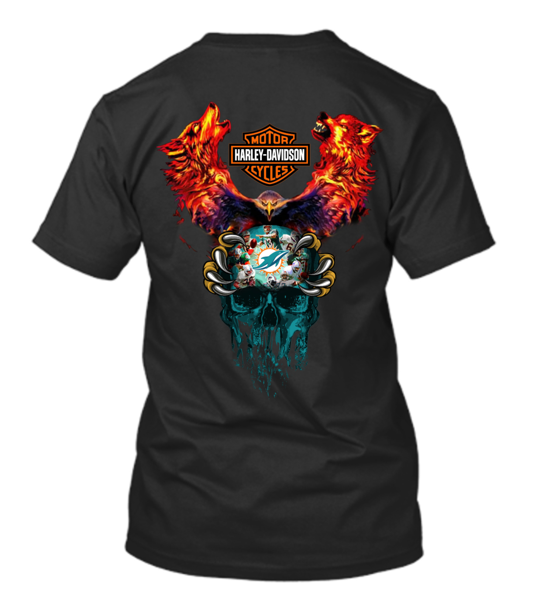 Harley Davidson Motor Cycles Miami Dolphins Wolves And Skull T-Shirt