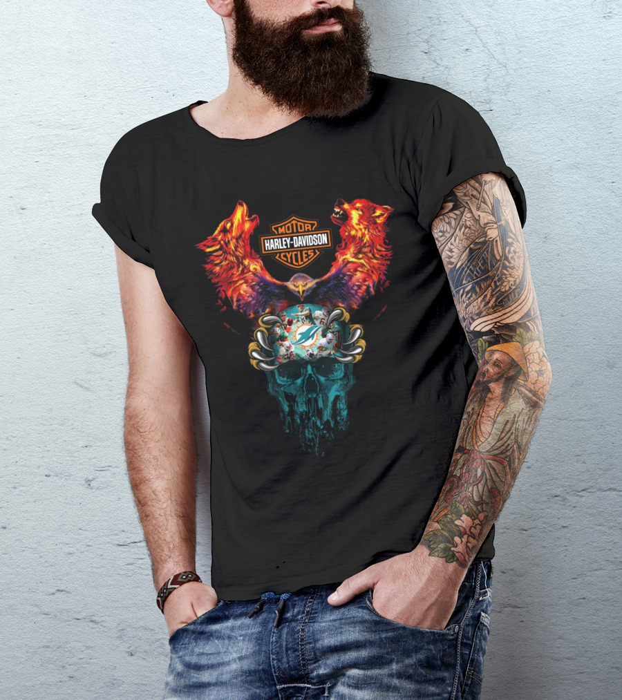 Harley Davidson Motor Cycles Miami Dolphins Wolves And Skull T-Shirt