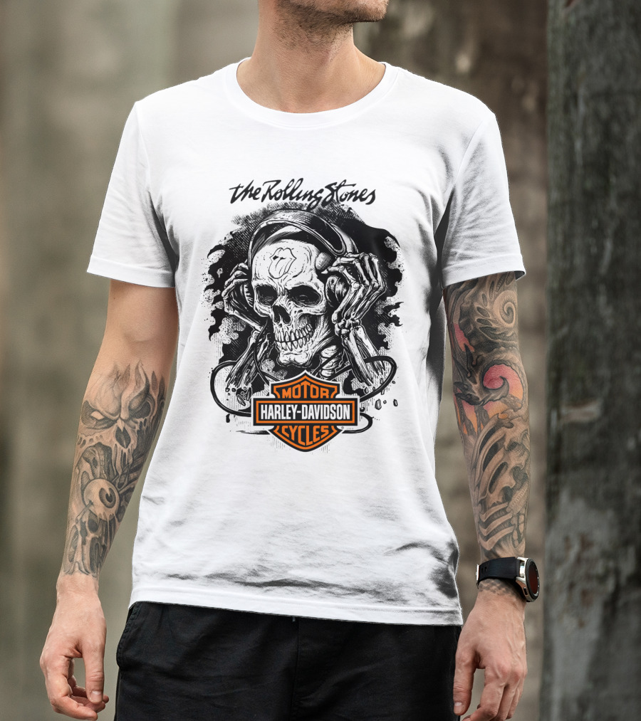 The Rolling Stones Harley Davidson Motor Cycles Skull Art T-Shirt