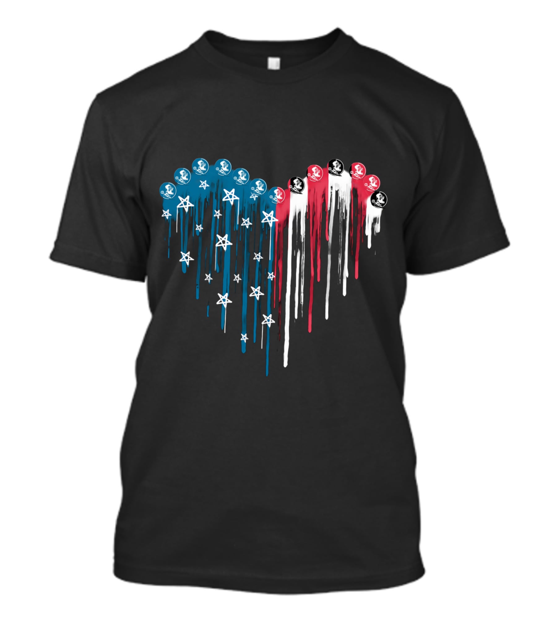 Red White And Blue Heart With Stars And Florida State Seminoles Logos T-Shirt
