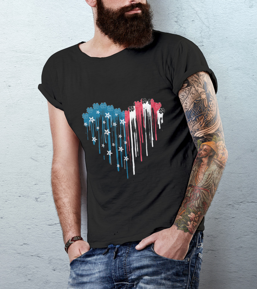 Notre Dame Fighting Irish Heart With Stars And Nd Logos Dripping In Red White And Blue T-Shirt