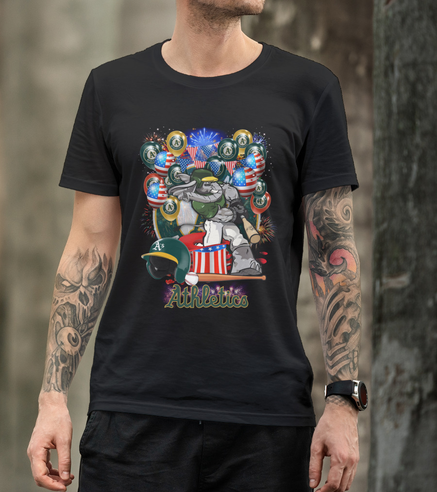 Mlb Oakland Athletics Fireworks Celebration With American Flags And Baseball Elements T-Shirt