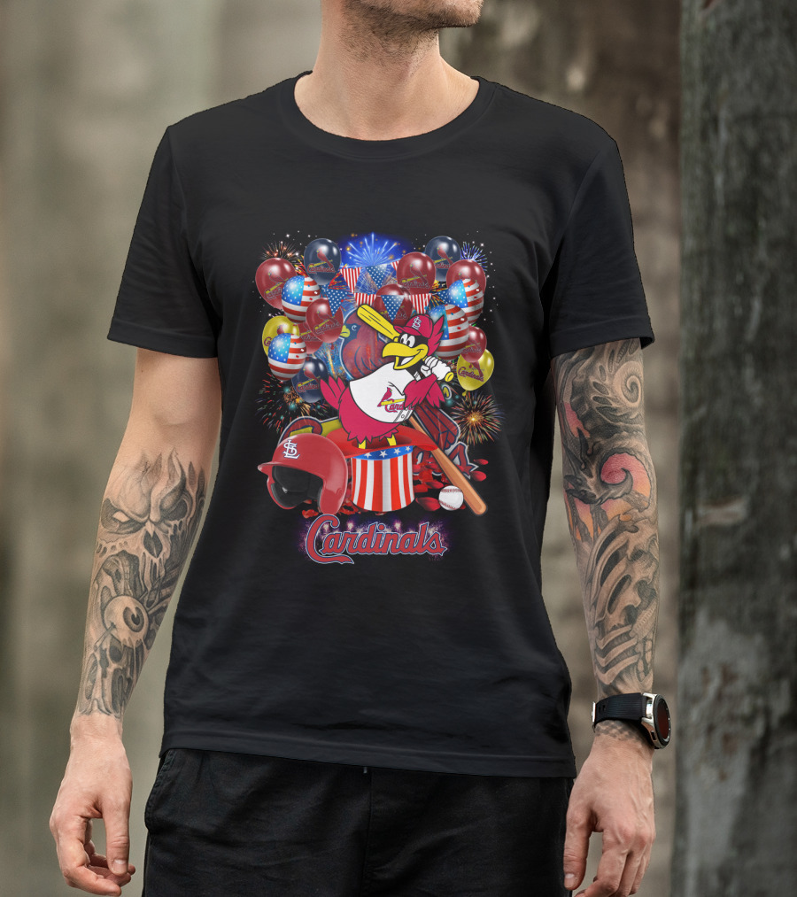 St Louis Cardinals Patriotic Fireworks And Balloons T-Shirt