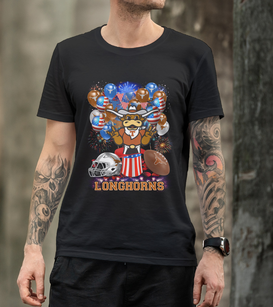 Ncaa Texas Longhorns Mascot Fireworks Balloons Helmet Football T-Shirt