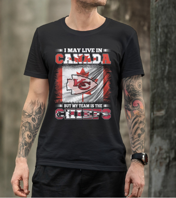 Chiefs Enthusiast Living In Canada With Kansas City Logo And Canadian Flag Background T-Shirt