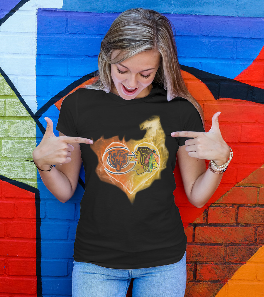 Bears Chicago Blackhawks Fire Heart T-Shirt