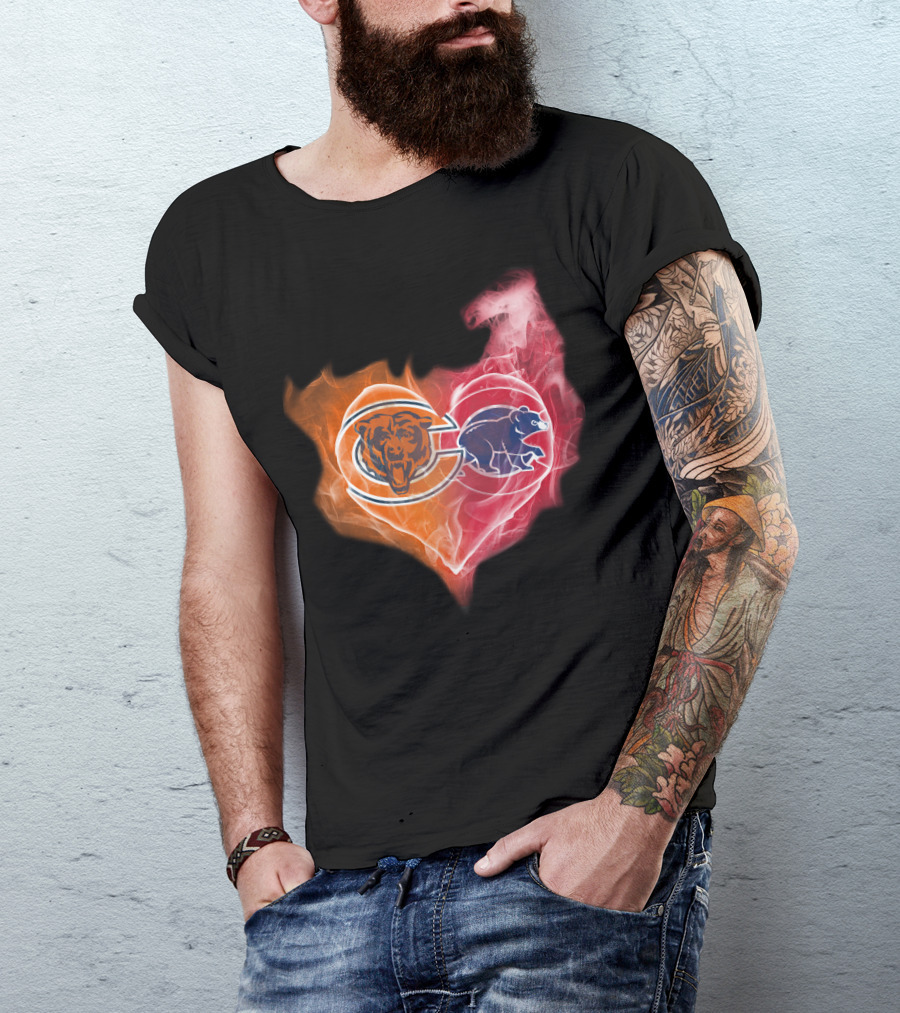 Chicago Bears Cubs Heart Fire Logo Fusion T-Shirt