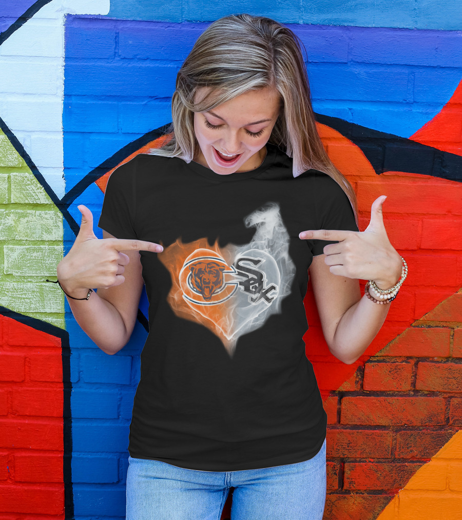 Bears White Sox Heart Logo Fire And Smoke Fusion T-Shirt