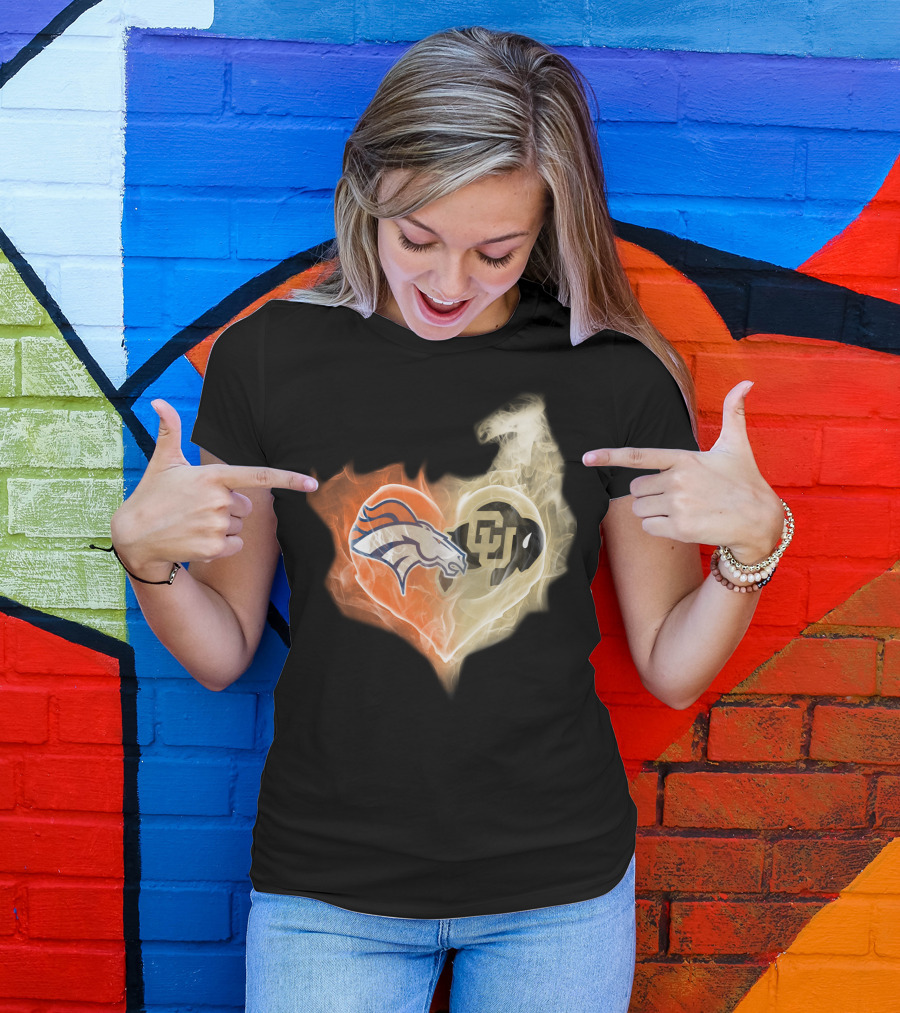 Broncos Colorado Buffaloes Heart-Shaped Flames T-Shirt