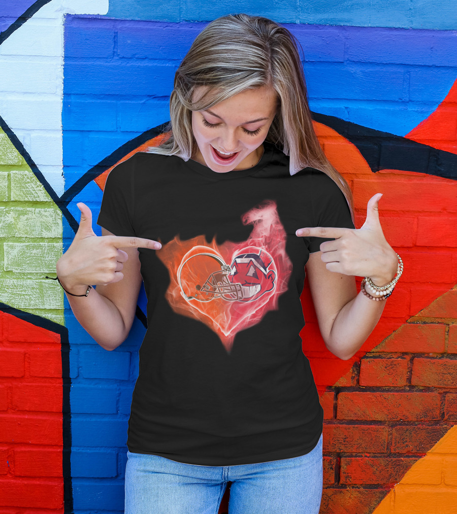 Browns Cleveland Indians Helmet Heart Fire Fusion T-Shirt