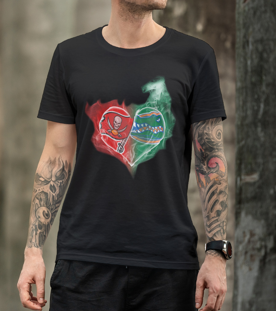 Buccaneers And Florida Gators Heart Smoke Logo Combination T-Shirt