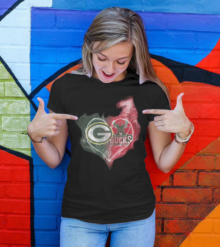 Green Bay Packers And Milwaukee Bucks Heart Fusion T-Shirt