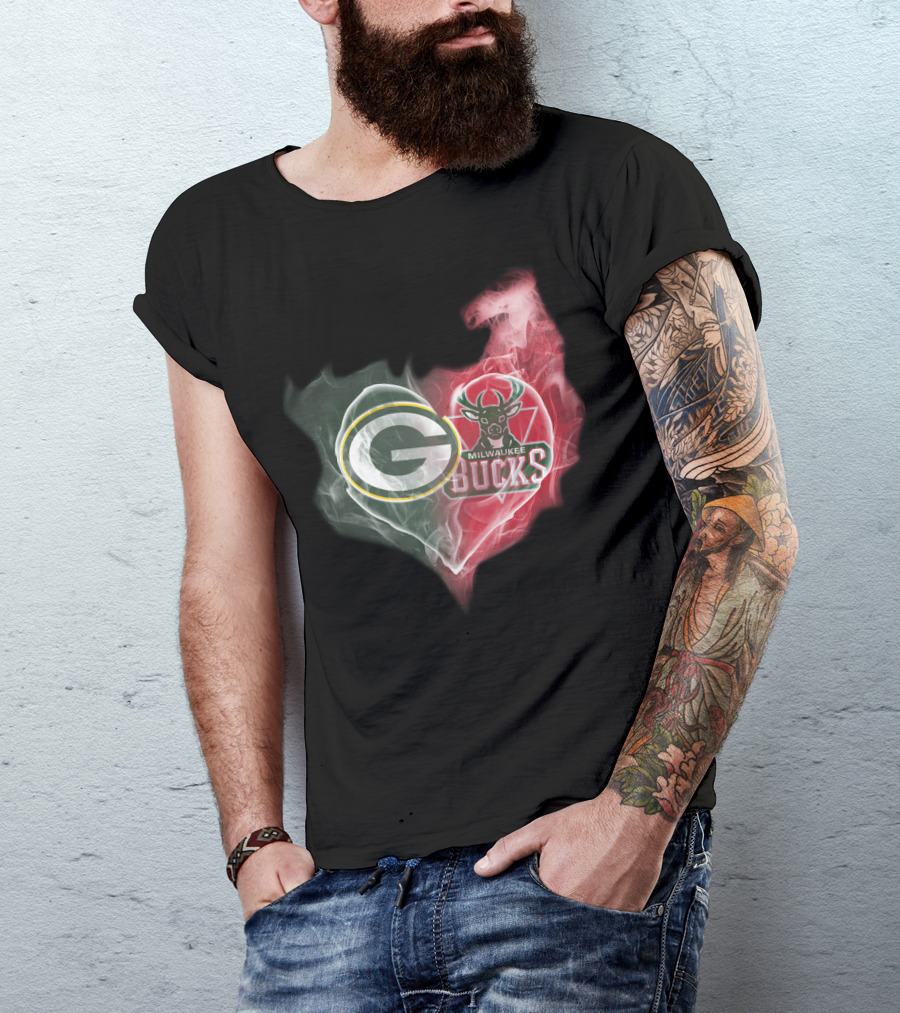 Green Bay Packers And Milwaukee Bucks Heart Fusion T-Shirt