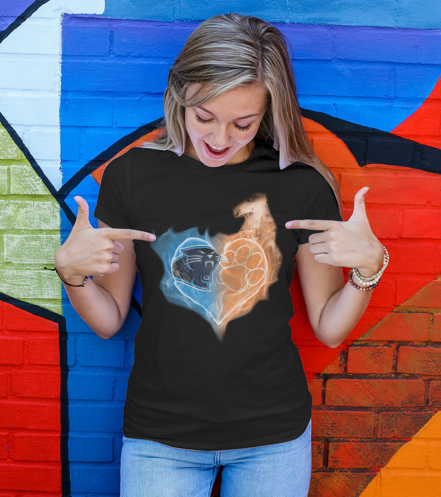 Carolina Panthers Clemson Tigers Heart Logo Fire And Ice T-Shirt
