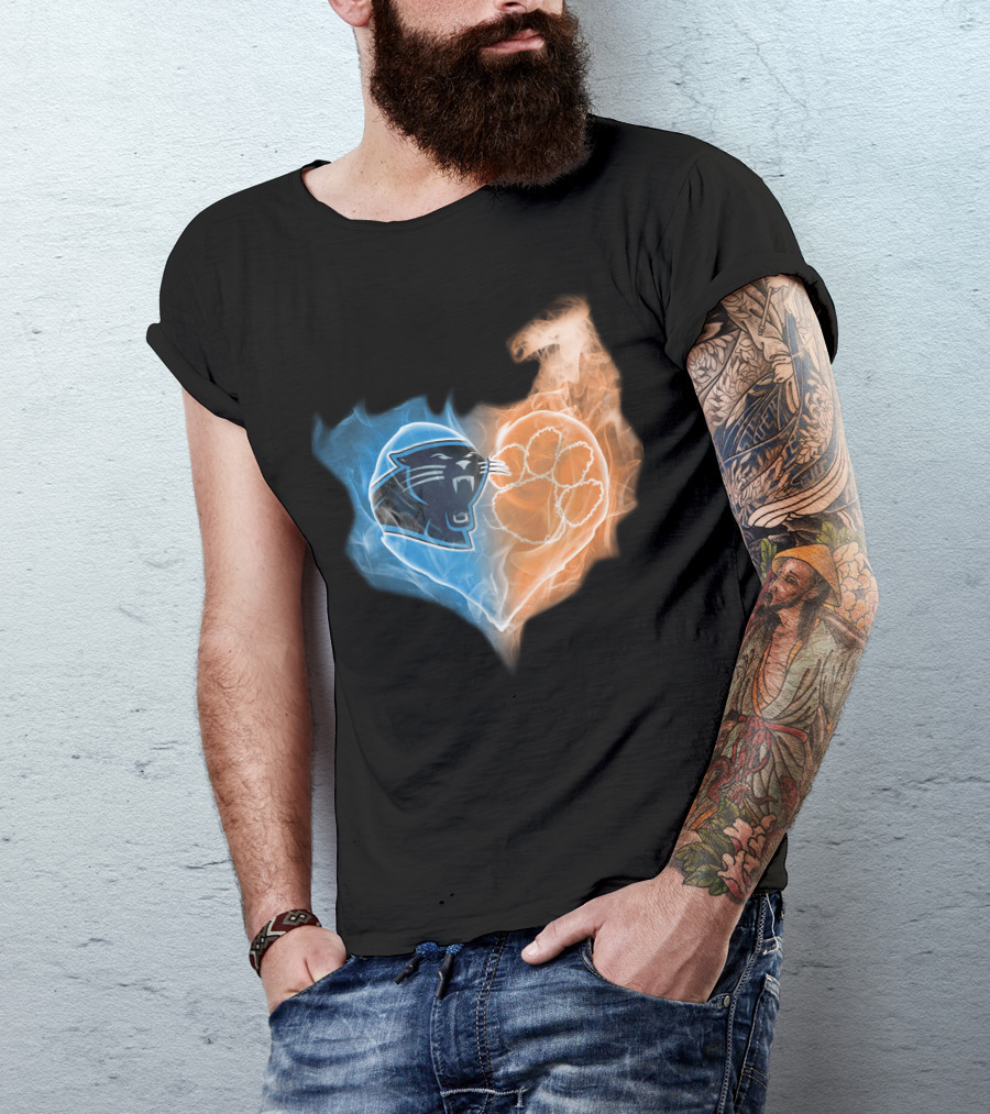 Carolina Panthers Clemson Tigers Heart Logo Fire And Ice T-Shirt