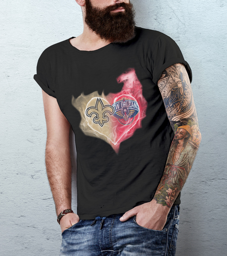 New Orleans Saints Pelicans Heart Logo Fusion T-Shirt