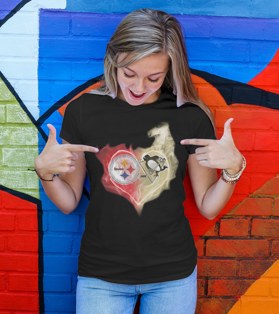 Steelers Pittsburgh Penguins Heart Shape Emblem T-Shirt