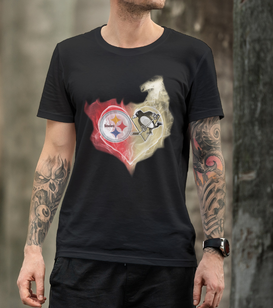 Steelers Pittsburgh Penguins Heart Shape Emblem T-Shirt
