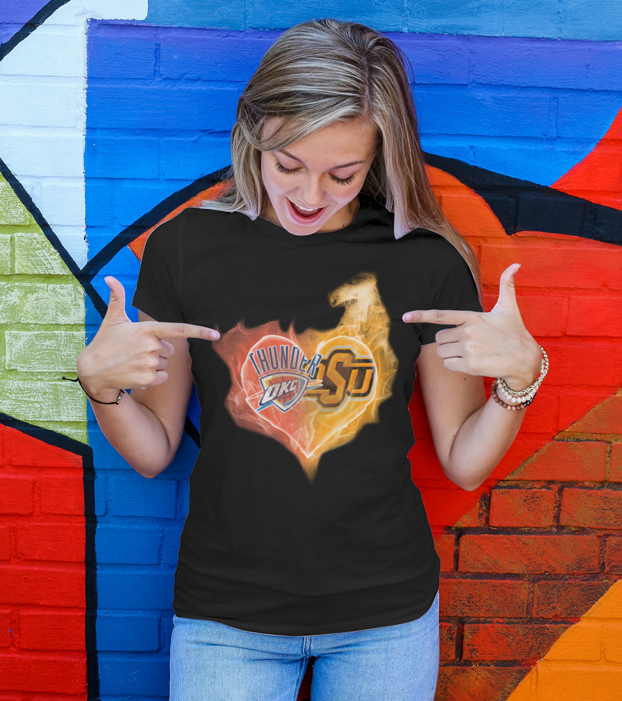 Thunder OKC And OSU Cowboys Flame Heart T-Shirt