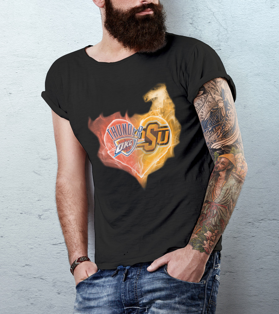 Thunder OKC And OSU Cowboys Flame Heart T-Shirt