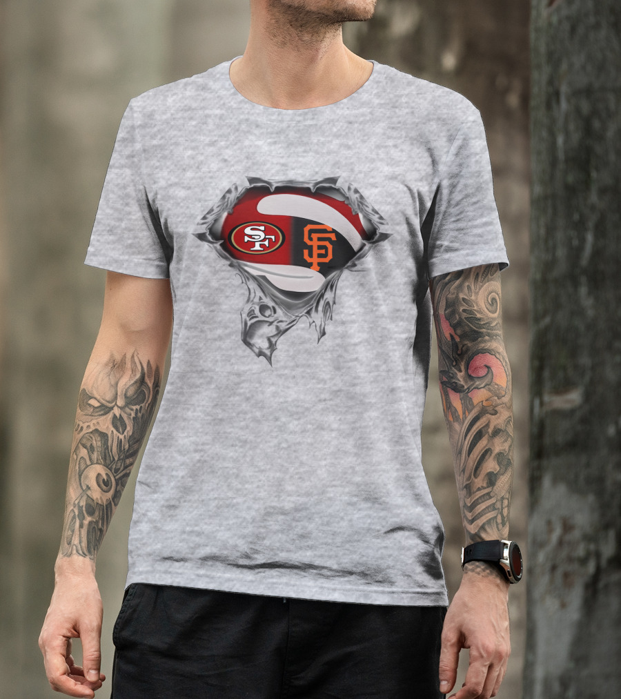 Sf 49ers And Giants Logos Inside Superhero Style T-Shirt