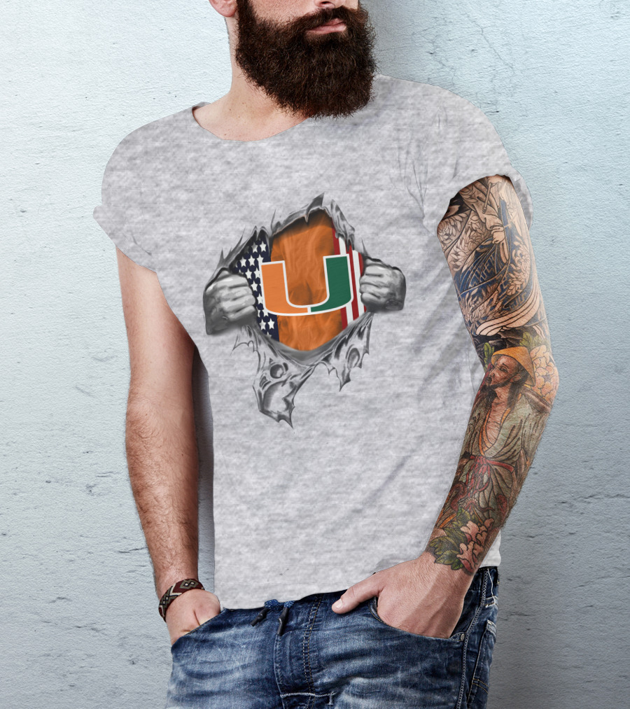 Usa Flag Miami Hurricanes U Logo Burst T-Shirt