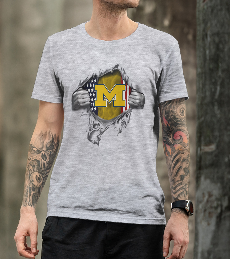 Michigan Wolverines M Logo With American Flag Tear T-Shirt