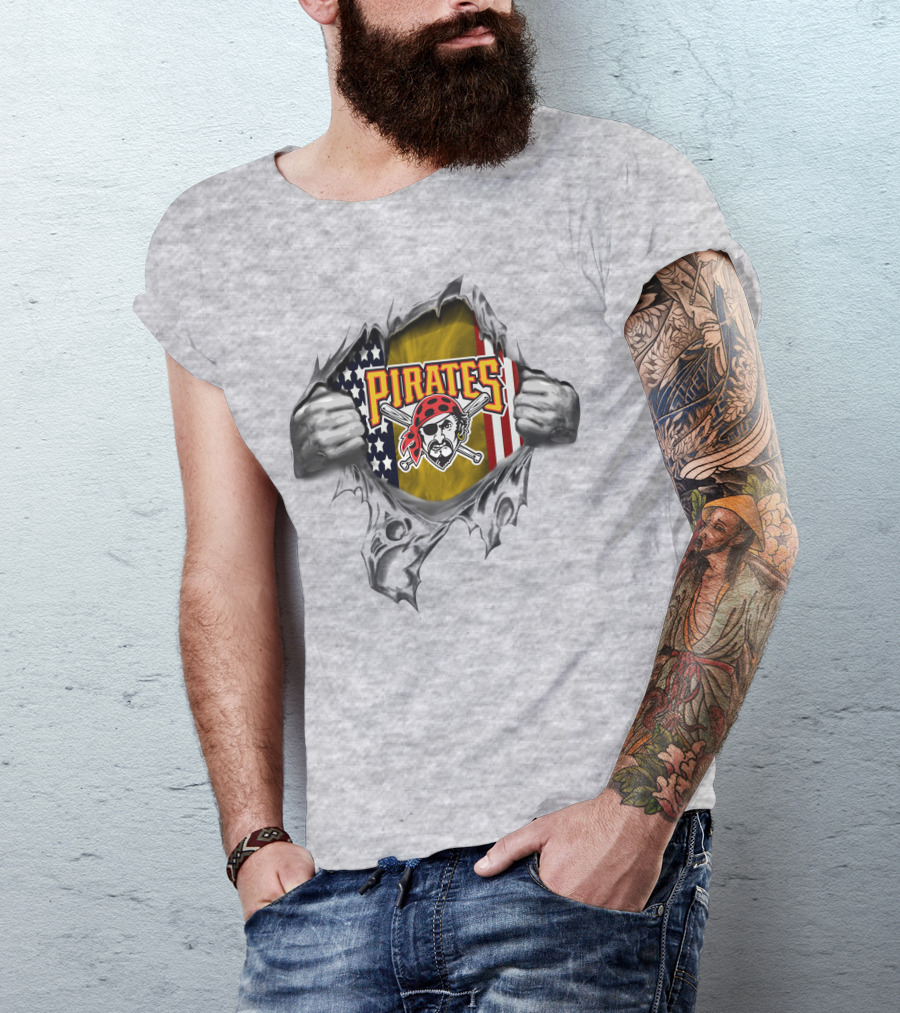 Pirates American Flag Skull And Crossed Bats Baseball Tear T-Shirt