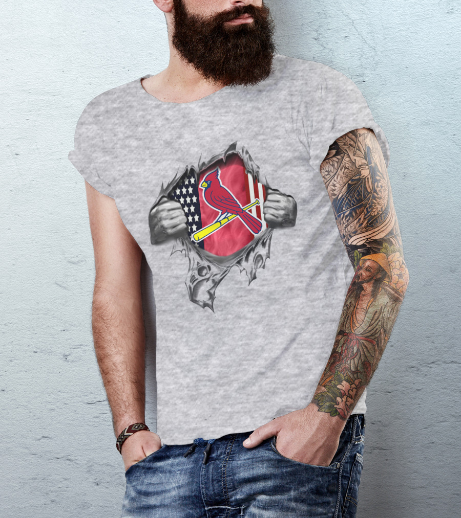 St Louis Cardinals American Flag Baseball Logo Torn Reveal T-Shirt