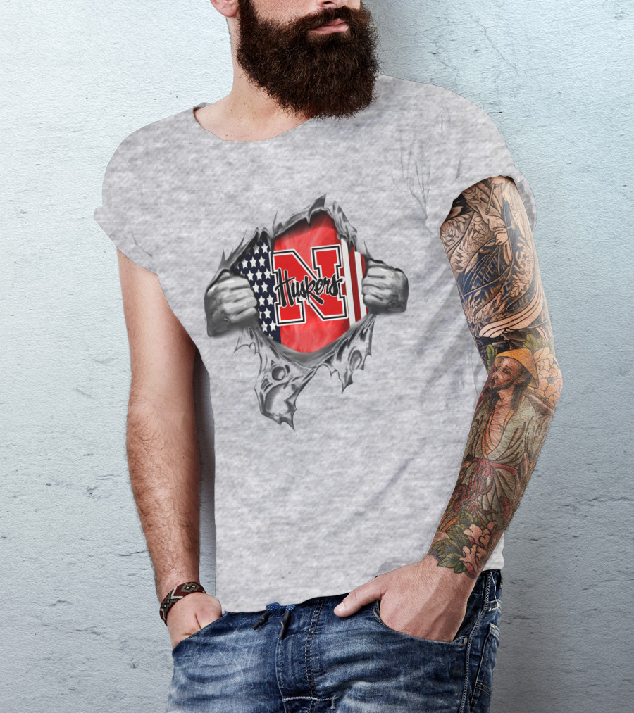 American Flag Nebraska Huskers N Logo Torn T-Shirt