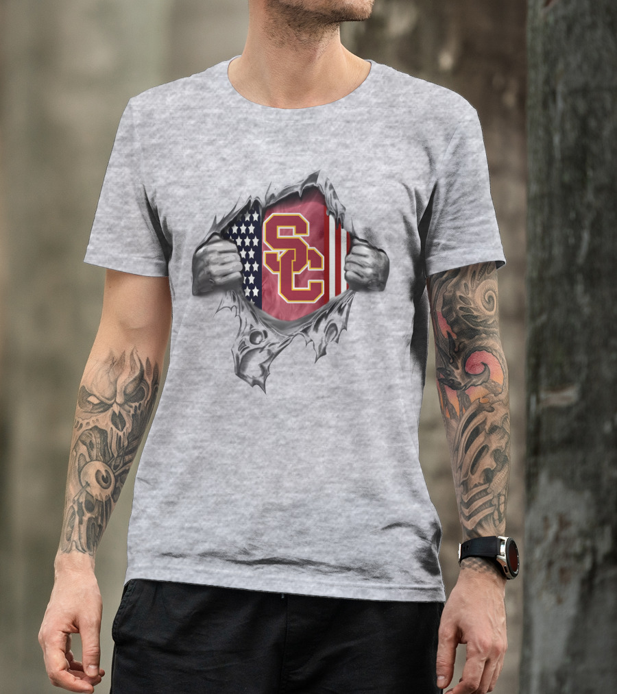 Usc Trojans American Flag Logo Ripped Chest T-Shirt