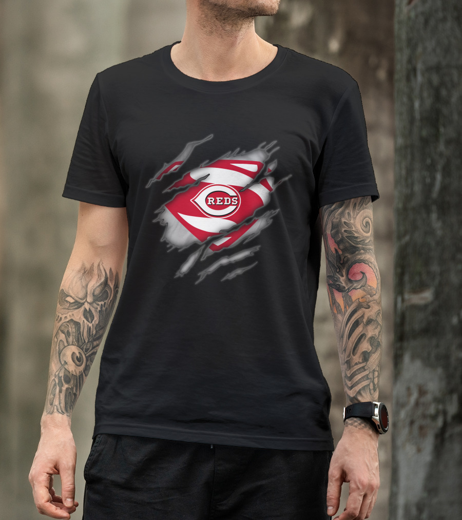 Cincinnati Reds Logo Superman Style Tear Reveal T-Shirt