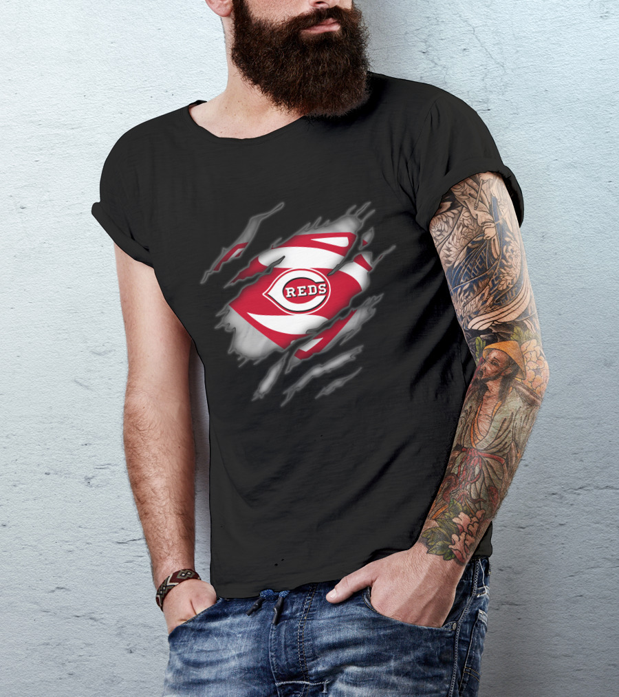 Cincinnati Reds Logo Superman Style Tear Reveal T-Shirt