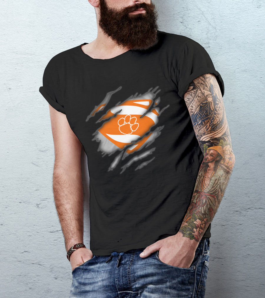 Clemson Tigers Logo Superman Ripped Chest T-Shirt
