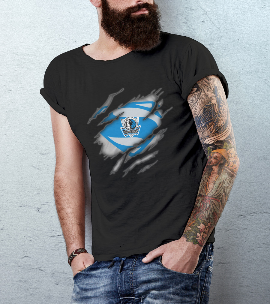 Dallas Mavericks Logo With Superman Style Costume Rip T-Shirt