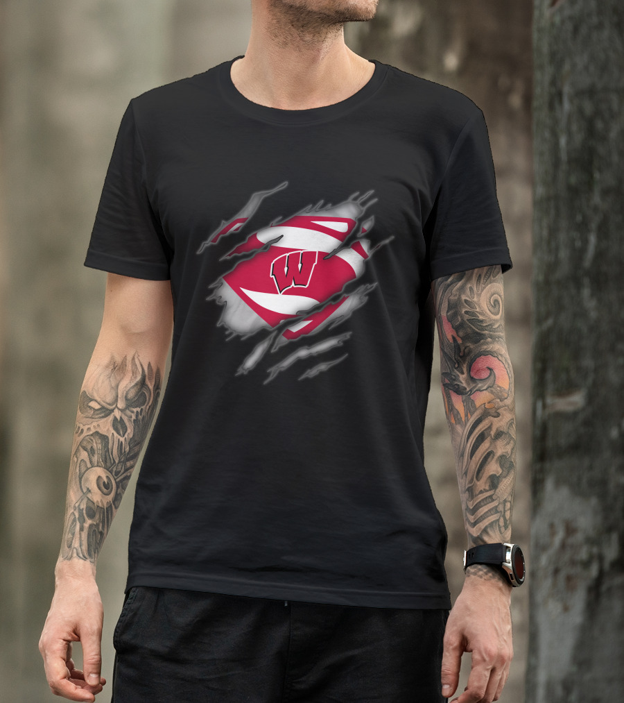 Wisconsin Badgers Logo With Superman Style Shield Print T-Shirt