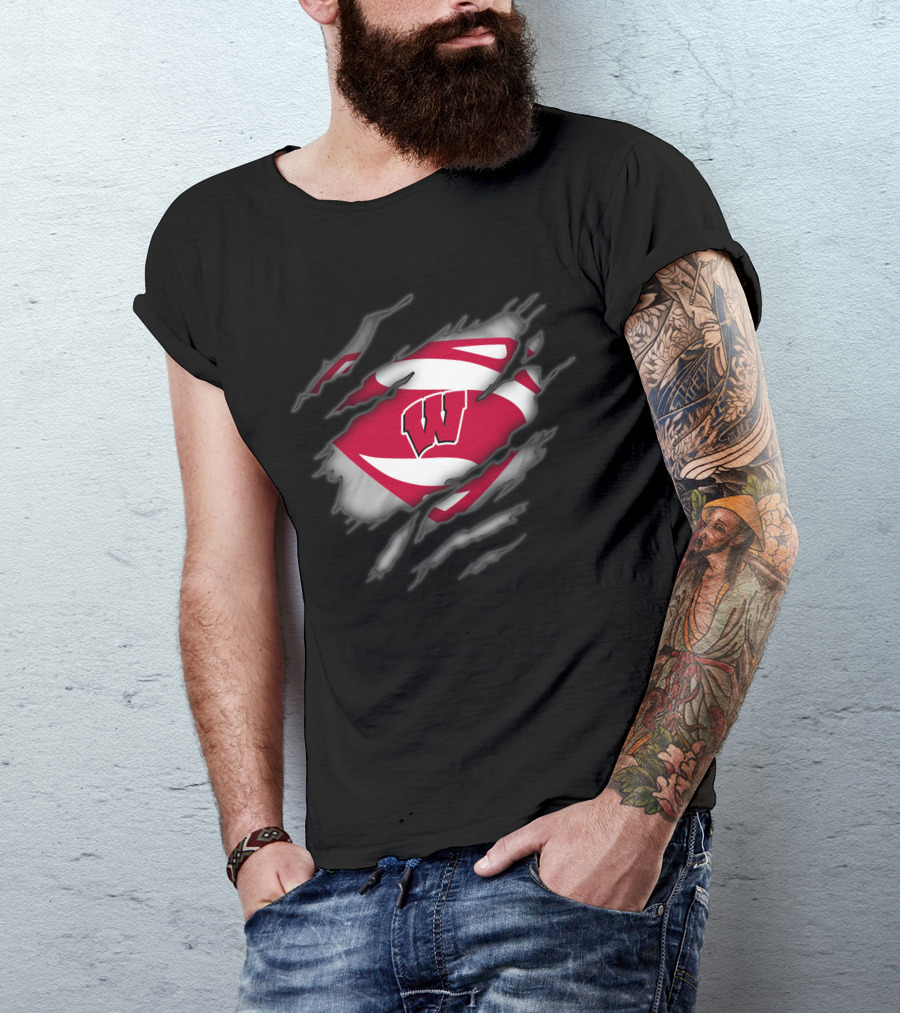 Wisconsin Badgers Logo With Superman Style Shield Print T-Shirt