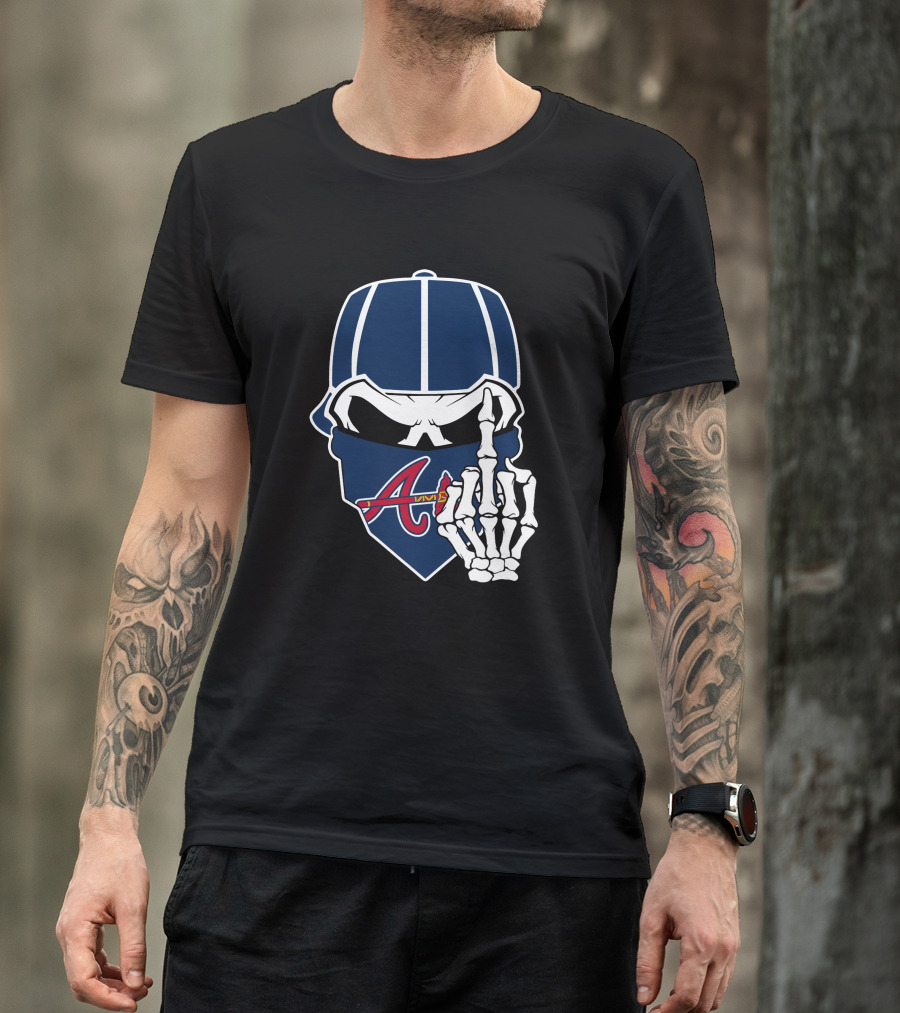 Atlanta Braves Skull Bandana And Skeleton Hand Gesture T-Shirt