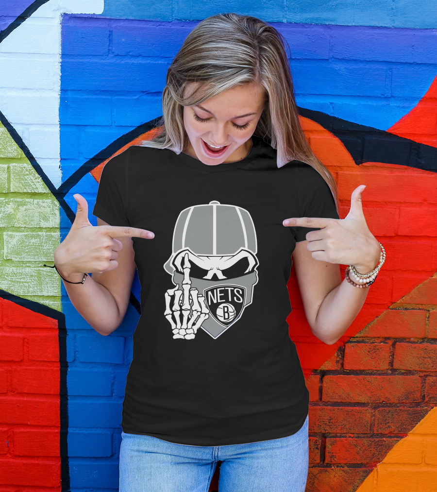 Brooklyn Nets Skull Skeleton Hand Gesture T-Shirt