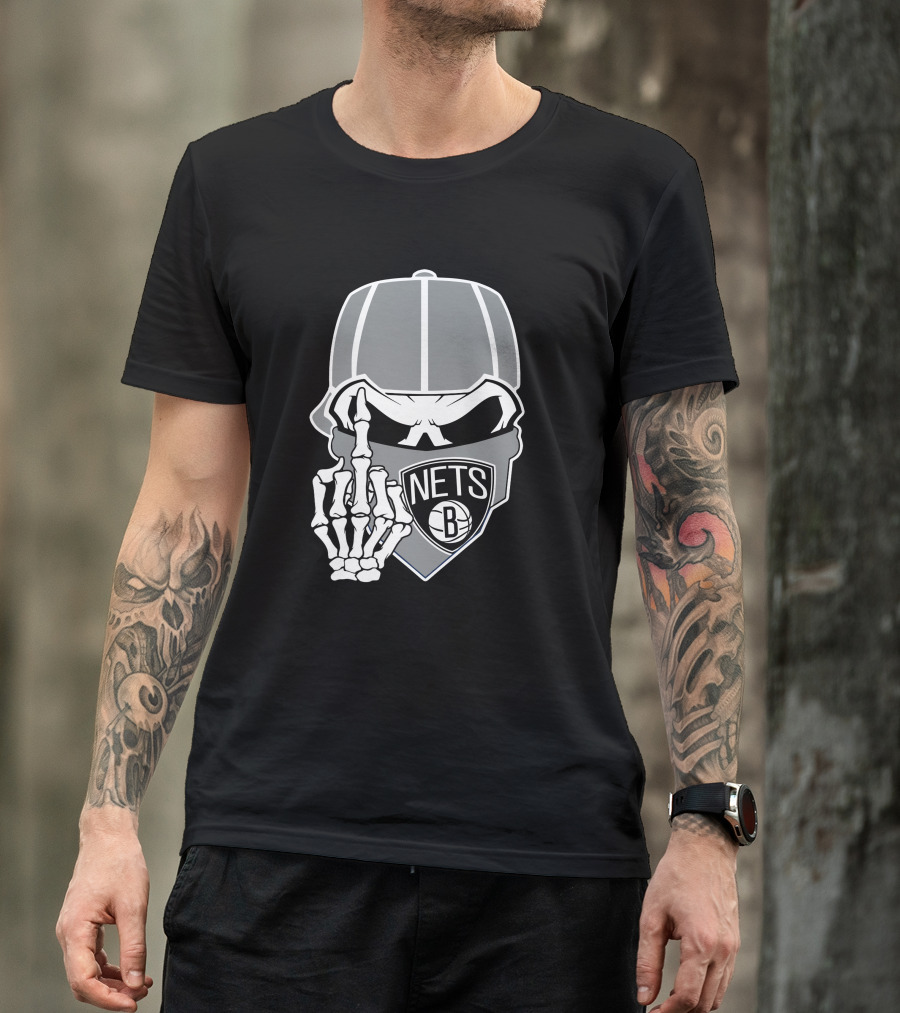 Brooklyn Nets Skull Skeleton Hand Gesture T-Shirt