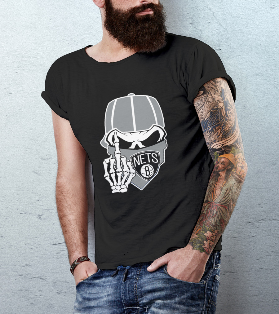 Brooklyn Nets Skull Skeleton Hand Gesture T-Shirt
