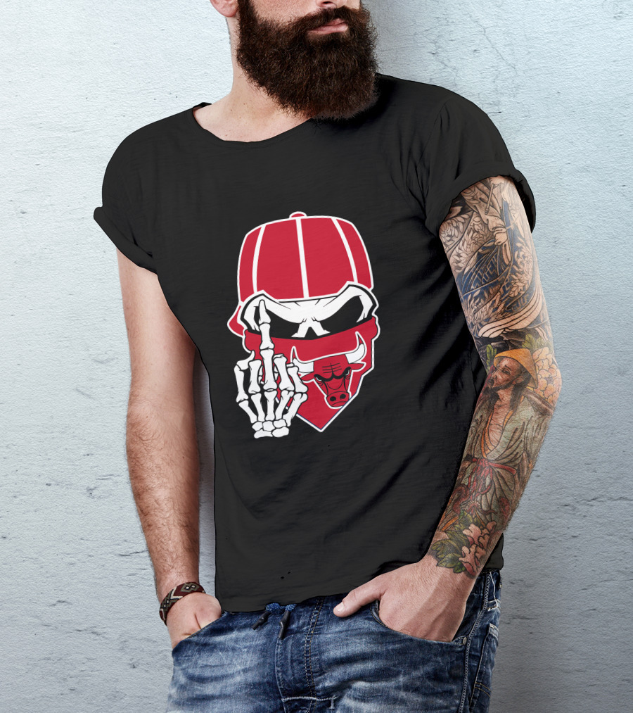 Chicago Bulls Skull Bandana Skeleton Hand Gesture T-Shirt