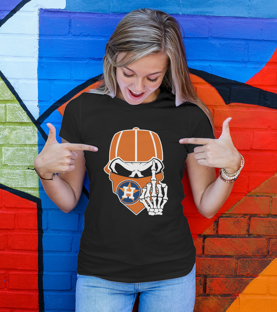 Houston Astros Skull With Cap And Skeleton Hand T-Shirt