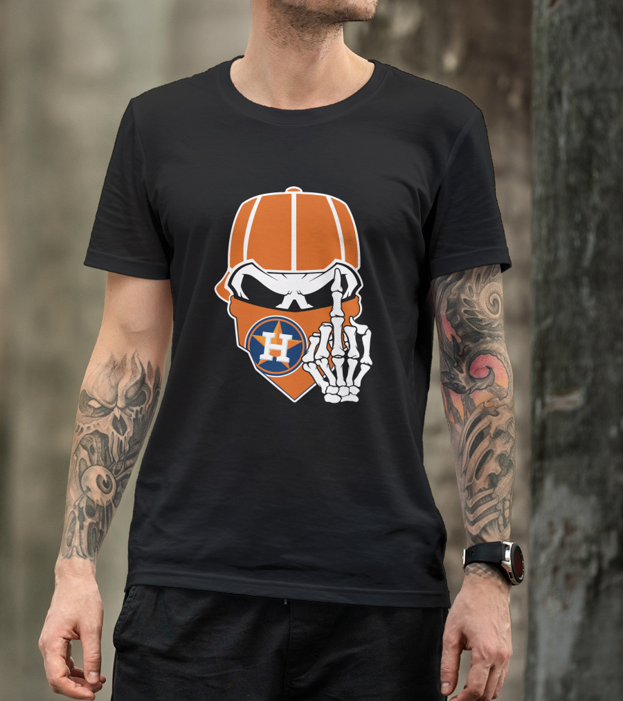 Houston Astros Skull With Cap And Skeleton Hand T-Shirt