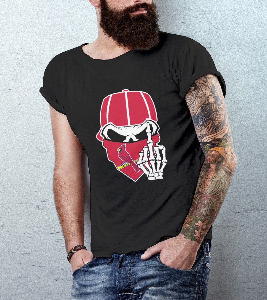 St Louis Cardinals Skull With Bandana And Skeleton Hand T-Shirt