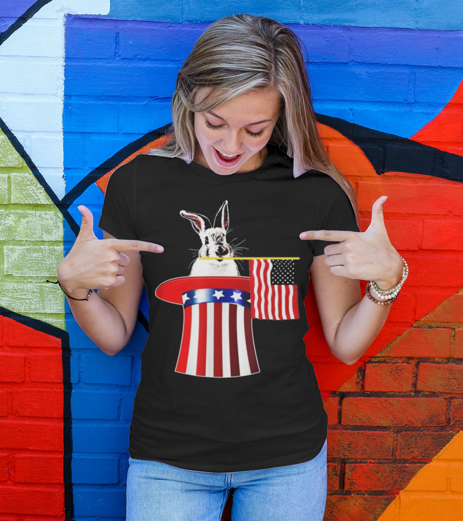 Rabbit In Stars And Stripes Hat With American Flag 4th Of July T-Shirt