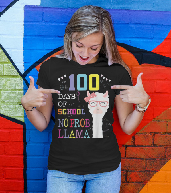 100 Days Of School No Probllam Llama With Glasses And Bow T-Shirt
