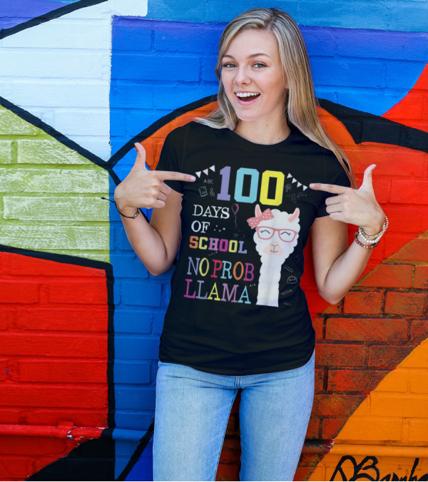 100 Days Of School No Probllam Llama With Glasses And Bow T-Shirt