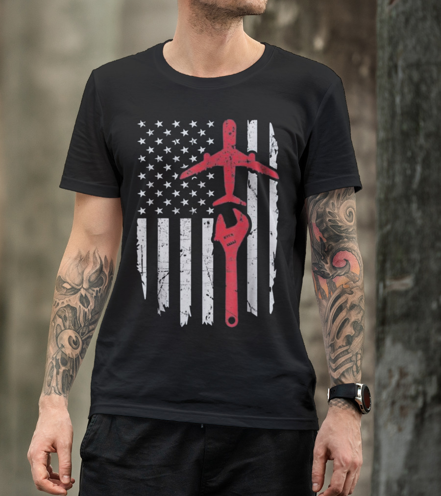 American Flag Airplane Mechanic Aviation Technician Wrench T-Shirt